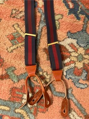 Men’s Burgundy & Navy  Suspenders - 39” Adjustable - Elastic w/ Leather Accents